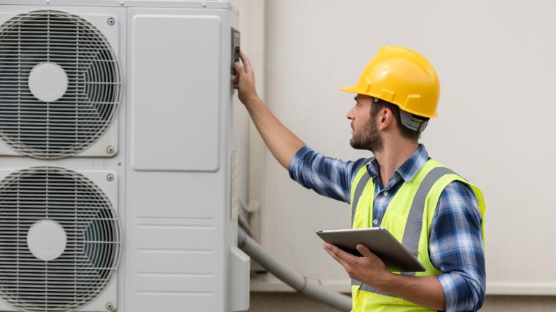 Serwis pompy ciepła – technik kontrolujący parametry pracy jednostki zewnętrznej