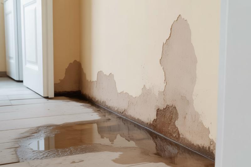 Zalana podłoga i odchodząca farba na ścianie